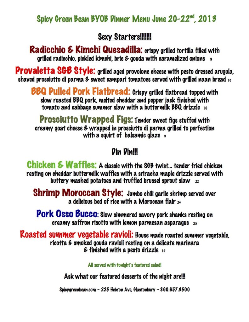 dinner menu june 20-22 2013
