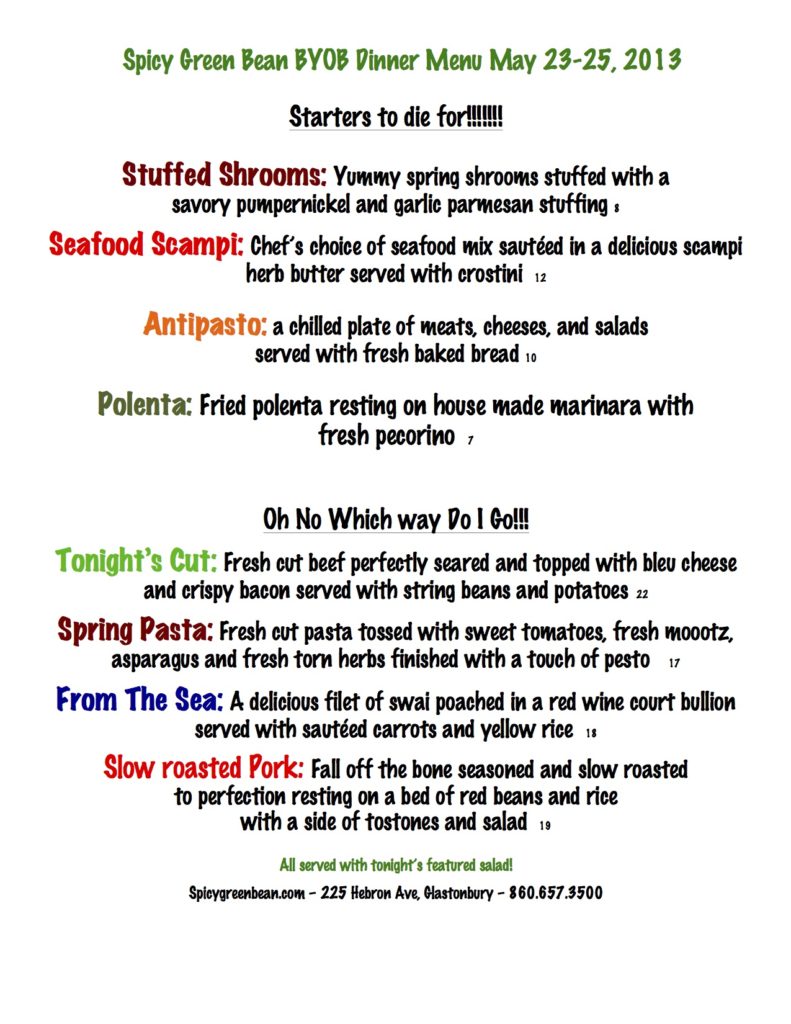dinner menu may 23-25 2013